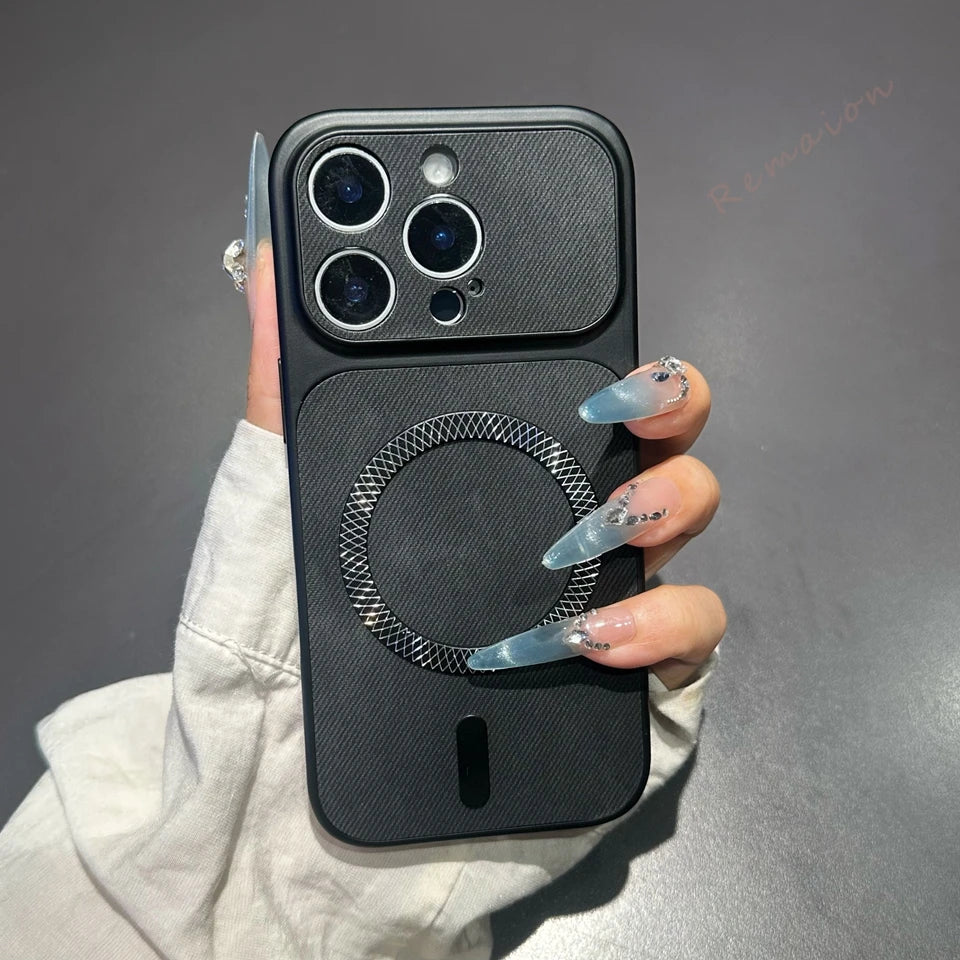 Big Windows Magnetic Phone Case For iPhone 13 14 15 16 17 Pro Max Magsafe Luxury Canvas Cloth Shockproof Protector Cover