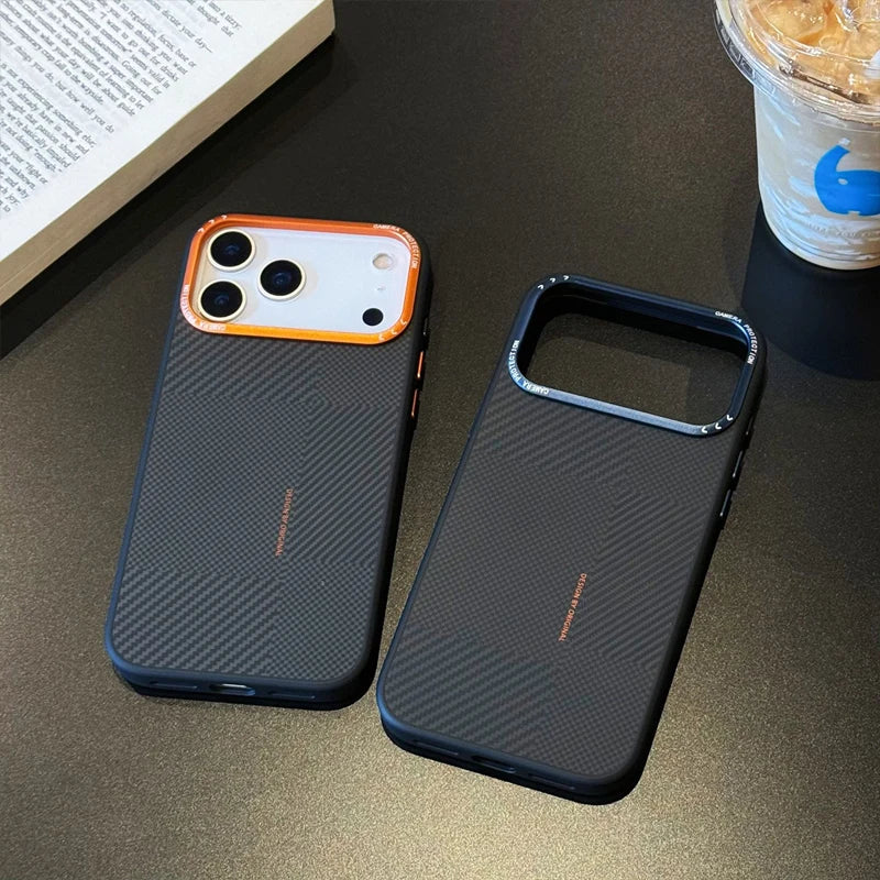 Carbon Fiber Texture for MagSafe Phone Case for iPhone 17 17Pro Max 16 15 14 Magnetic Alloy Lens Wireless Charging Frosted Cover
