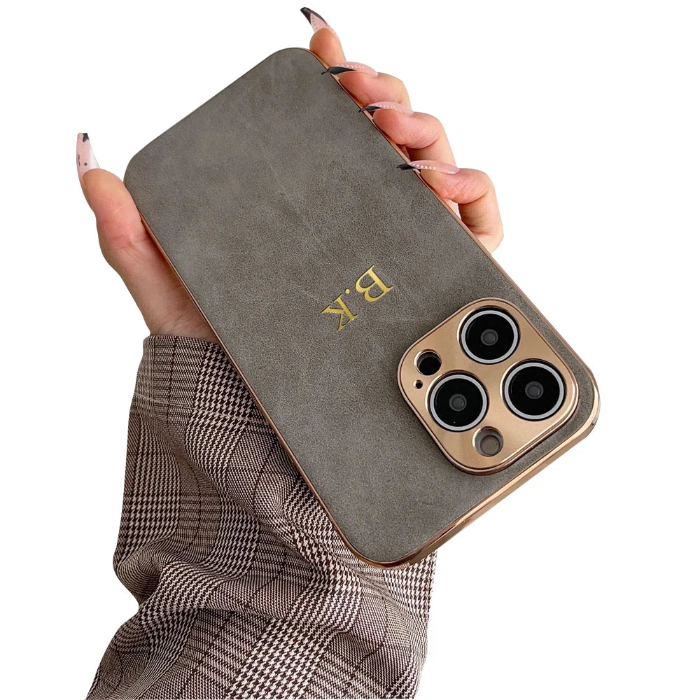 Leather Personalised Customized Name Case For Iphone 11 12 13 14 15 16 17 Pro Max 17 Air Plating Frame Lambskin Initials Cover