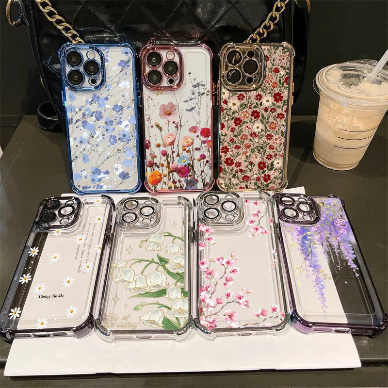 Flower Plating Transparent Phone Case For Samsung Galaxy S25 FE Edge S26 S24 S22 S23 S21 Plus Note 20 Ultra 5G Airbag TPU Cover