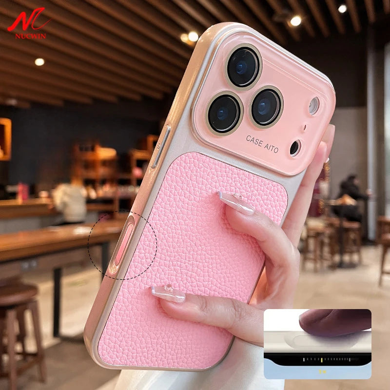 Luxury Litchi Leather Case for iPhone 17 16 15 14 Pro Max iPhone 13 Glass Large Window Shockproof Armor Bumper Plating Cover