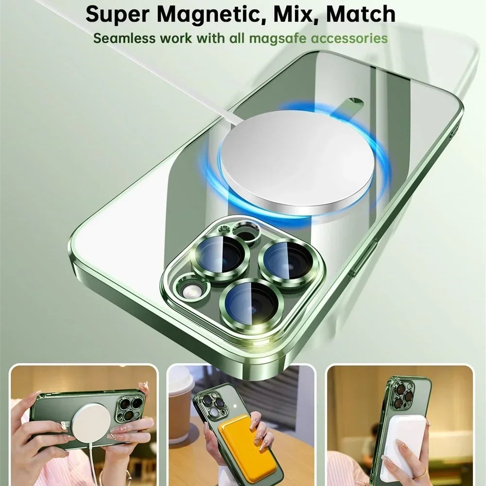 Plating Soft Clear Case For iPhone 17 Air 16 15 14 13 12 11 Pro Max Wireless Charging Magsafe Shockproof TPU Cover Weak Magnetic