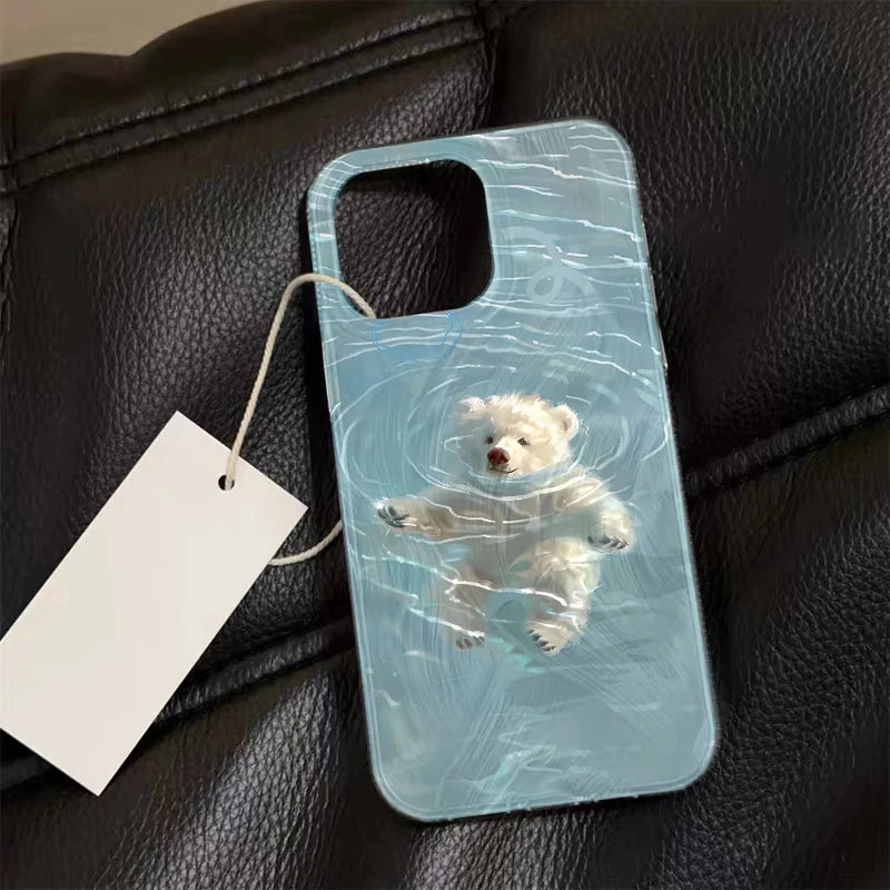 Summer Fresh Cute Swimming Bear Cartoon Creative Kawaii Phone Case For iPhone 17 16 15 14 13 12 11 Pro Max 7 8 Plus Y2K Cover