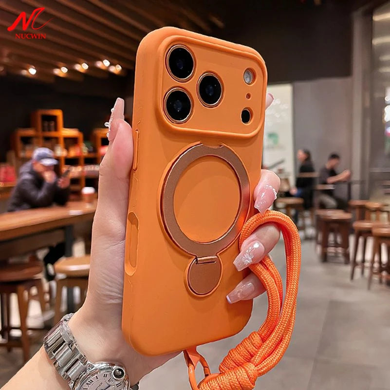Magnetic Bracket Liquid Silicone Phone Case For iPhone Air 16 17 15 14 13 Pro Max for Magsafe Wireless Charing Wrist Strap Cover