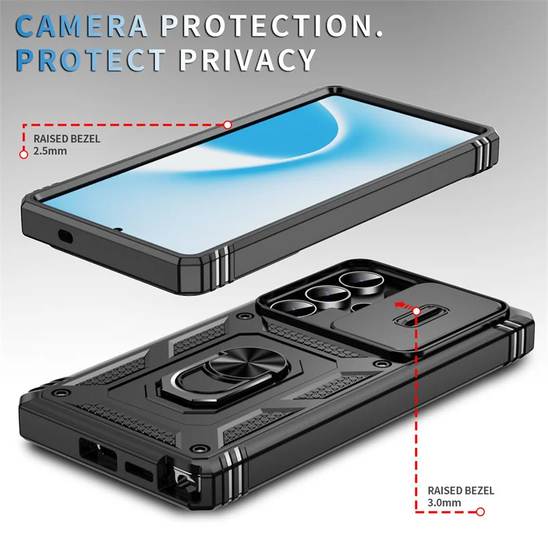 Heavy Duty Armor Phone Case For Samsung Galaxy S25 S24 S23 S22 S21 Ultra S20 FE Plus Note 20 Ultra Lens Protect Ring Stand Cover