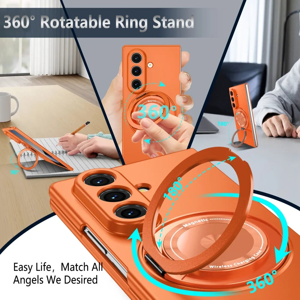 Luxury Military Armor Solid Color Magnetic 360 Bracket Phone Case For Samsung Z Fold 7 6 5 4 3 Wireless Charge Shockproof Cover