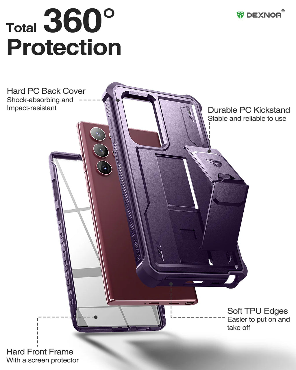 Dexnor for Samsung Galaxy S22 Ultra Case Full Body Bumper Military Armor Shockproof Case Bracket with Built-in Screen Protector