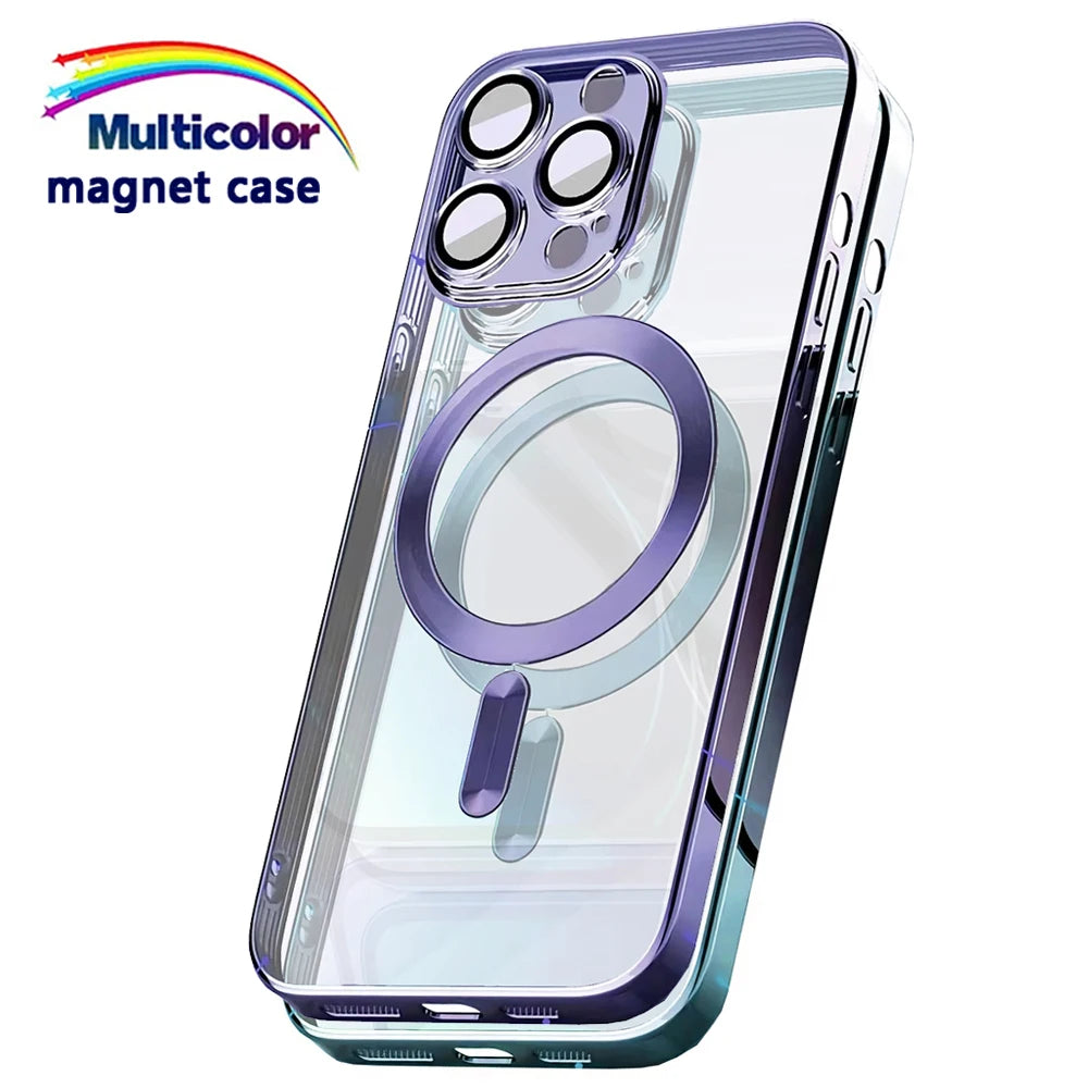 Luxury Wireless Magnetic Cover For Apple Original Magsafe Case Iphone 16 15 13 12 11 Pro Max 14 Plus Plating Clear Lens Protecto
