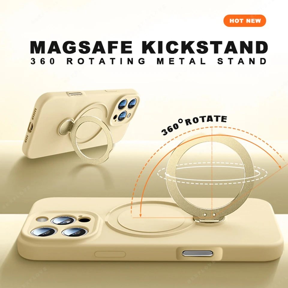 360 Magnetic Stand Liquid Silicone Phone Case For iPhone 17 Air 13 14 15 16 Pro Max Plus Magsafe Charge Holder Protector Cover