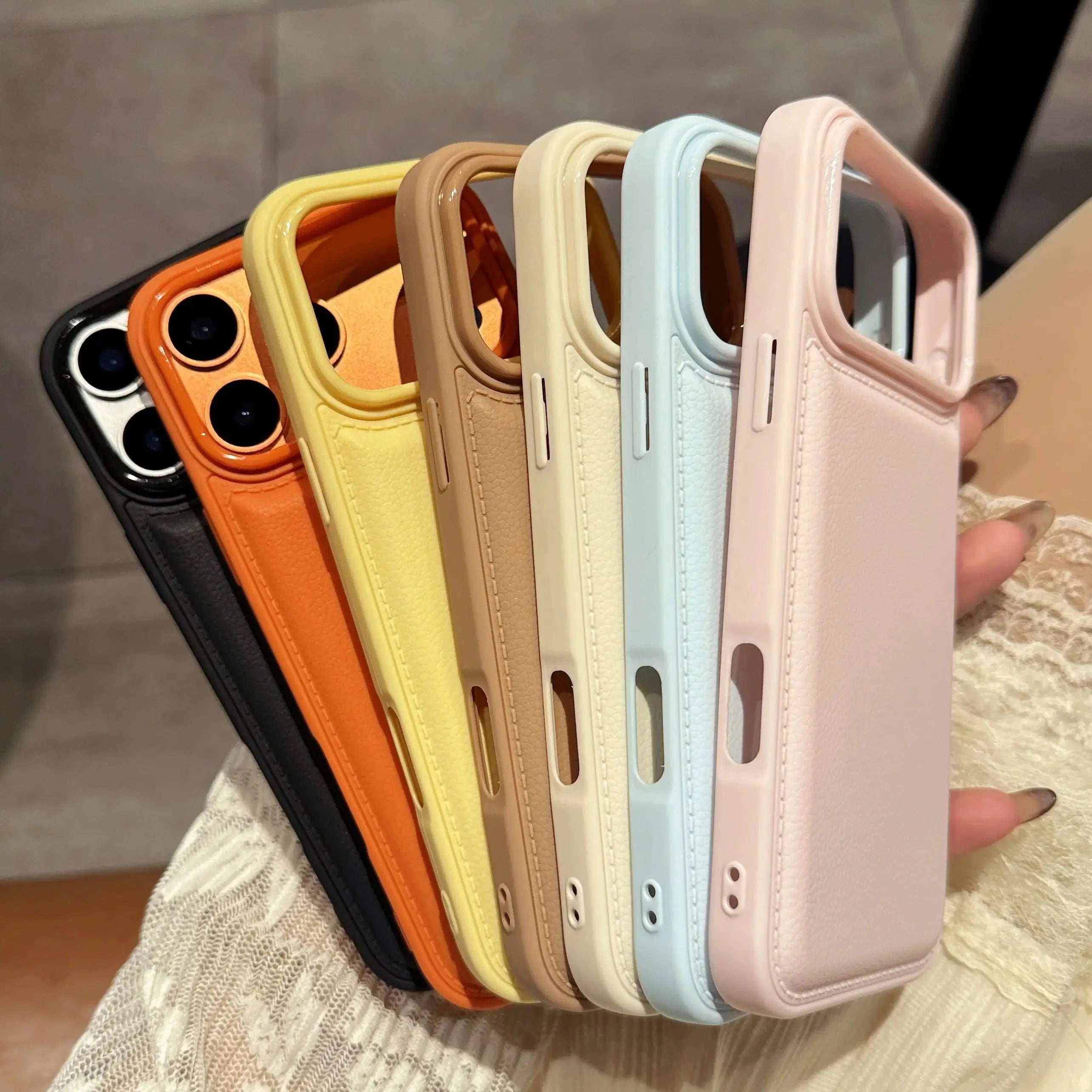 Luxury Leather Texture Air Cushion Case For iPhone Air 17 16 15 14 13 12 11 Pro XR X XS Max 8 7 6Plus Candy Color Silicone Cover