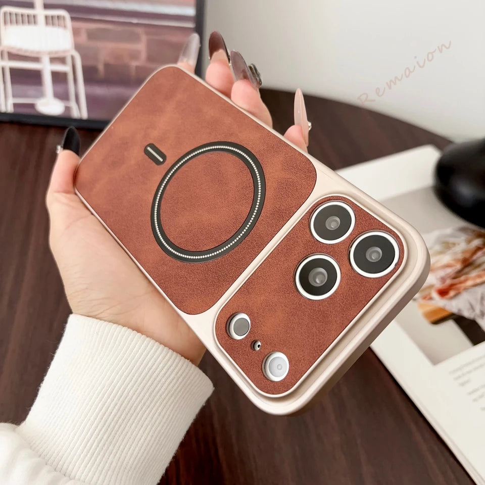 Leather Magnetic Big Windows Phone Case For iPhone 17 13 14 15 16 Pro Max Air 17Pro Magsafe Wireless Charging Protector Cover