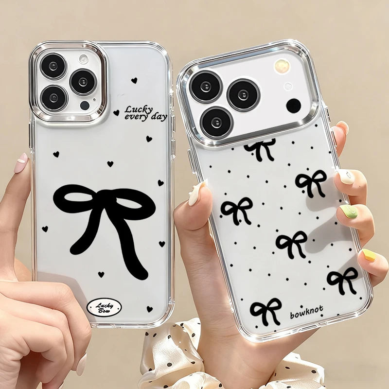 Cute Pink Bow Pattern Transparent Phone Case For iPhone 17 16 15 14 13 12 Pro Max 17 Pro Air 12 11 Plating Lens Frame Soft Cover