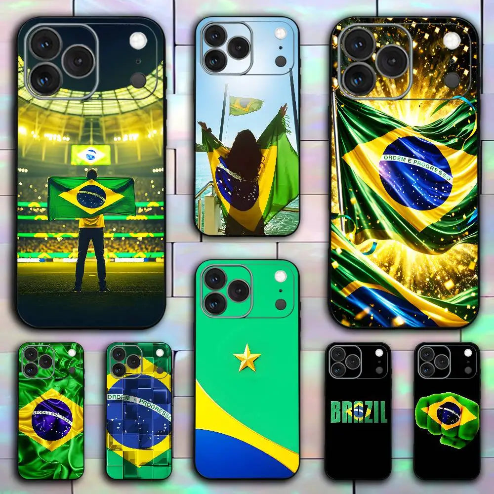 Brazil Flag Brazilian Football Clear Silicone Case for iPhone 17,16,15,14,13,12,11,Pro,Max,Mini,XS,X,Plus Shockproof Black Cover