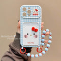 Blue Hello Kitty 3D Bow Case for iPhone 17 Pro Max 16 15 14 Pro 13 12 11 Card Holder Cartoon Phone Cover With Bead Lanyard
