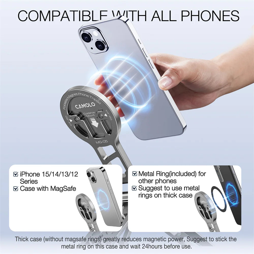 Foldable Magnetic Selfie Stick Tripod w Arca Plate 1/4-20 Cold Shoe Desktop Phone Tripod Mount for Magsafe Iphone 15 14 Samsung