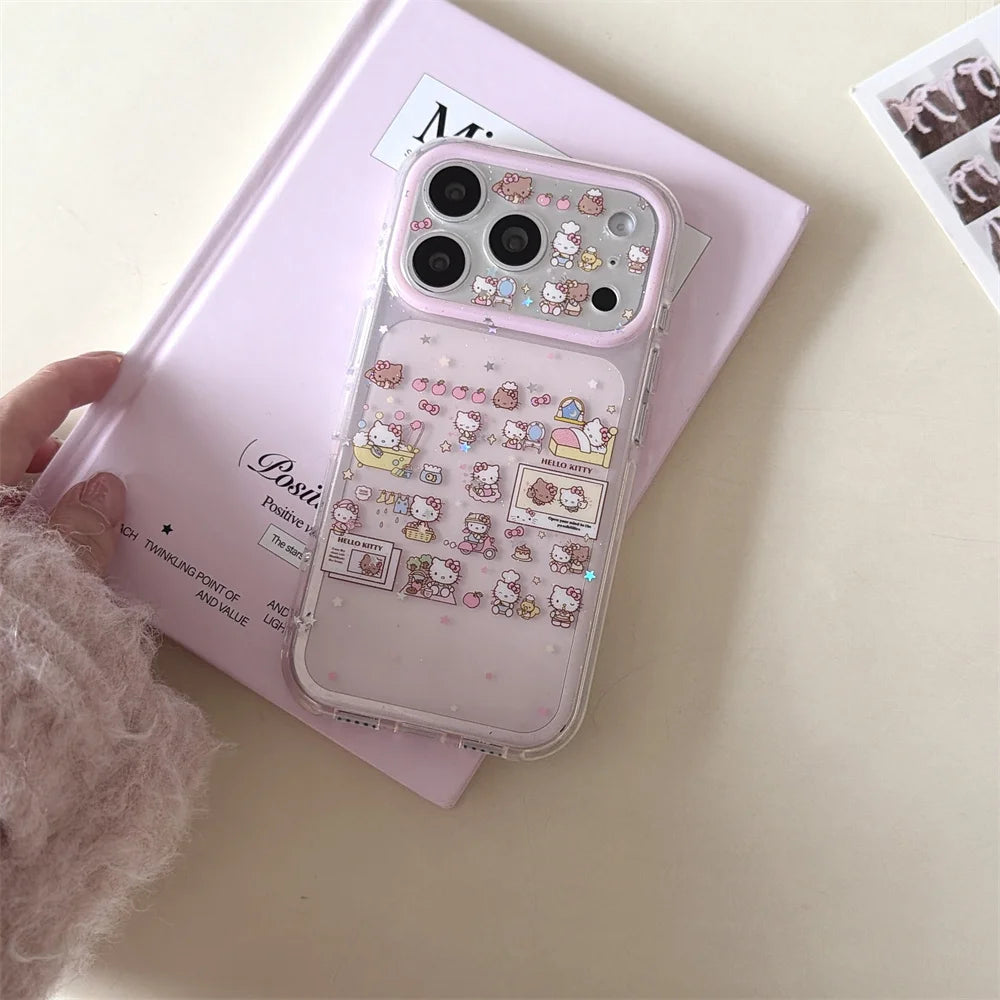 Cute Star Hellokitty Glitter Phone case for iPhone 17 Pro 15 Pro Max 16 Max 17 16 Fundas With Chain Korean Shockproof Cover Capa