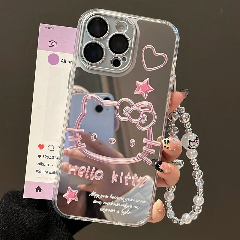 Cute Cartoon Sanrio Y2K Hello Kitty Silver Plating Phone Case For iPhone 16 15 14 13 12 11 Pro Max Cases Mirror Surface  Cover