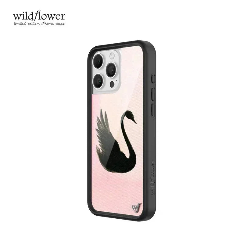 Wildflower 3D Black Swan Phone Case for iPhone 12 13 14 15 16 17 Pro Max Plus Fashion Sweet-Swan Lake Soft Edge Back Cover Cases