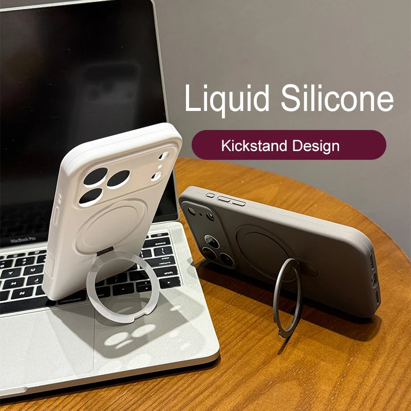 Origina Metal Magnectic Stand Holder Case For iPhone 17 Air 16 15 14 13 12 11 Pro Max Plus Magsafe Liquid Silicone Soft Cover