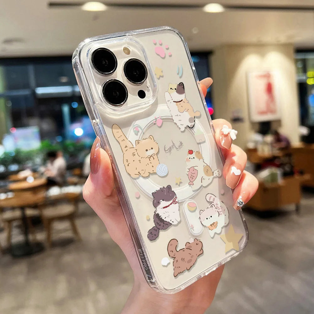 Cartoon Cat For MagSafe Wireless Charger Phone Case For iPhone 17 Pro Case iPhone 16 14 13 12 11 15 Pro Max Air Magnetic Cover