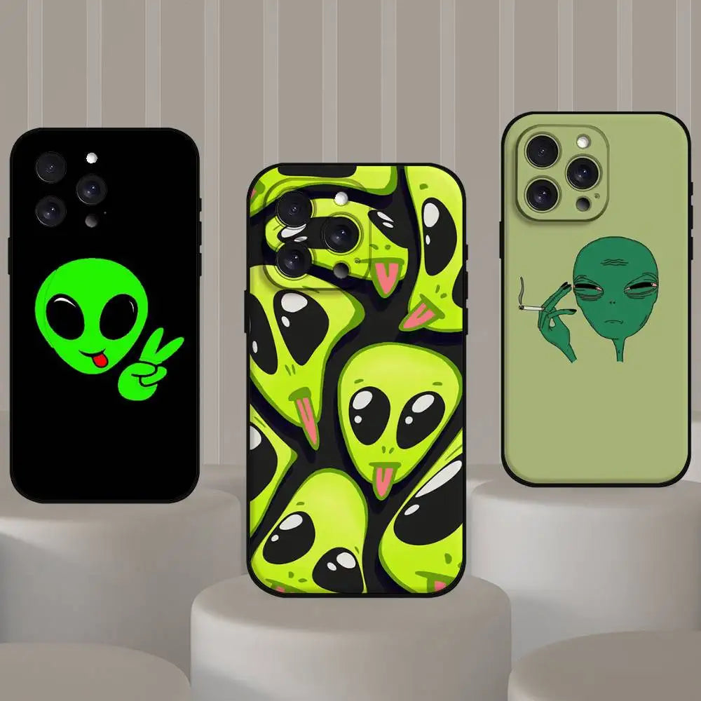 Cute Cartoom Alien Phone Case For IPhone 17 Pro 15 13 14 16 11 12 Pro Max 7 8 Plus XR XS X SE Matte Soft Funda Silicone Cover