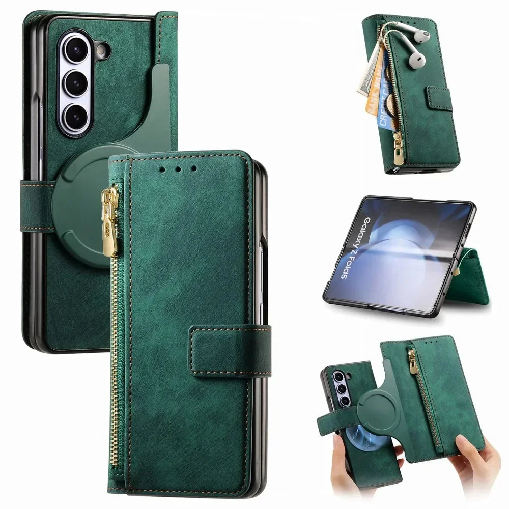 2 in 1 Detachable Zipper Cards Solt Wallet Phone Case for Samsung Galaxy Z Fold 7 6 5 4 3 Fold7 Fold6 Fold5 Fold4 Leather Cover