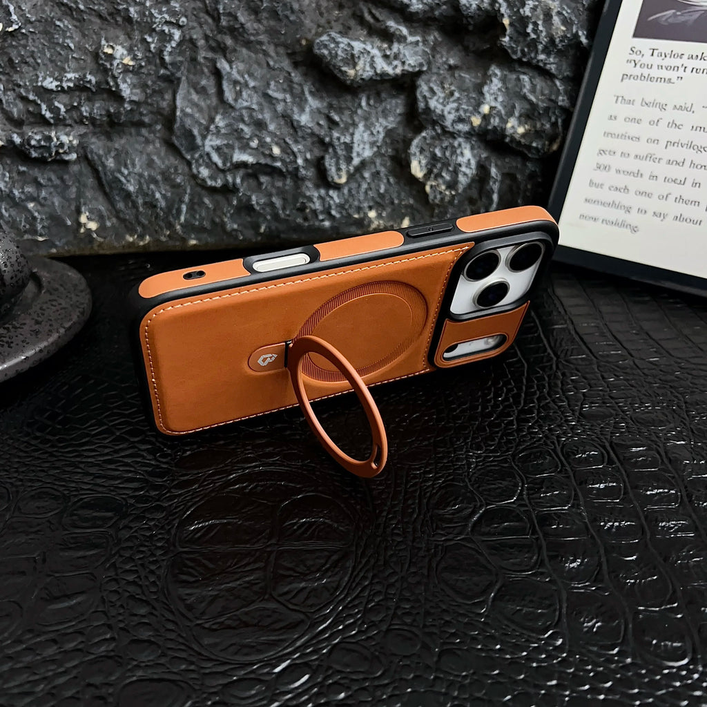 Luxury Magnetic Bracket Ring PU Leather Phone Case, For IPhone 17 16 15 Pro Max Air Magsafe Wireless Charging Hollow Logo Cover