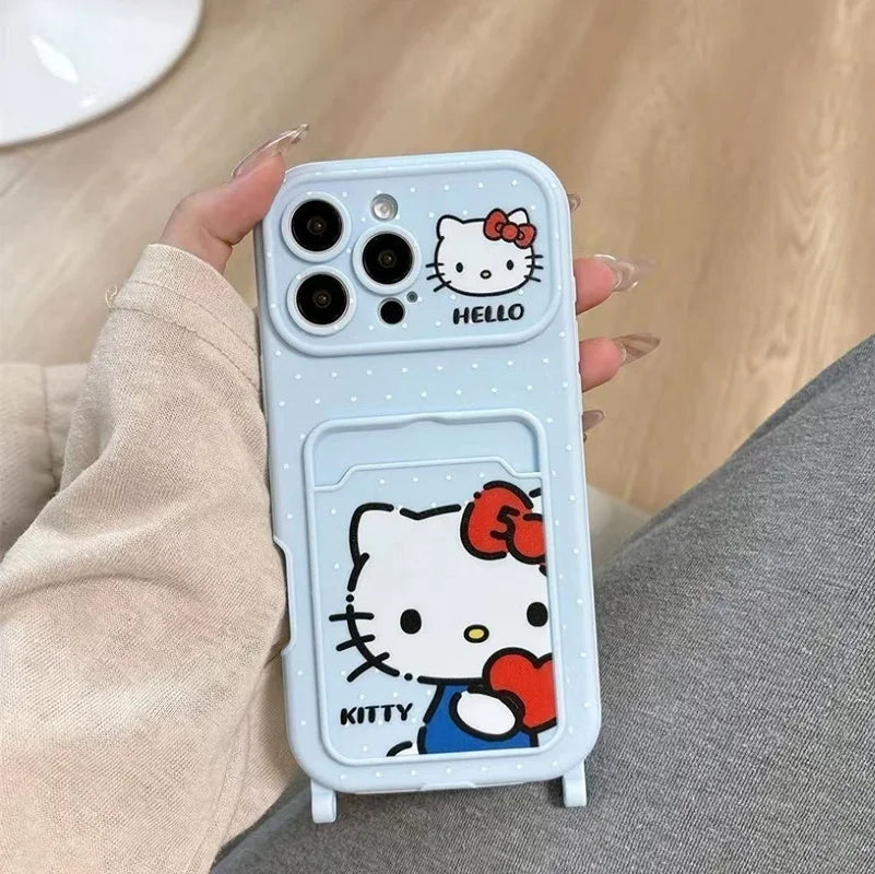 Blue Hello Kitty 3D Bow Case for iPhone 17 Pro Max 16 15 14 Pro 13 12 11 Card Holder Cartoon Phone Cover With Bead Lanyard