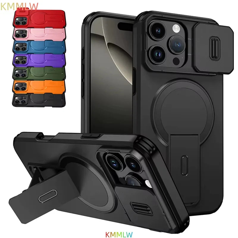 Lens Protect Camera Phone Case for iPhone 13 14 15 16 Pro Max 15Plus 16Plus 14Plus 16e 16 15 14 Pro 17 Magnetic Kickstand Cover