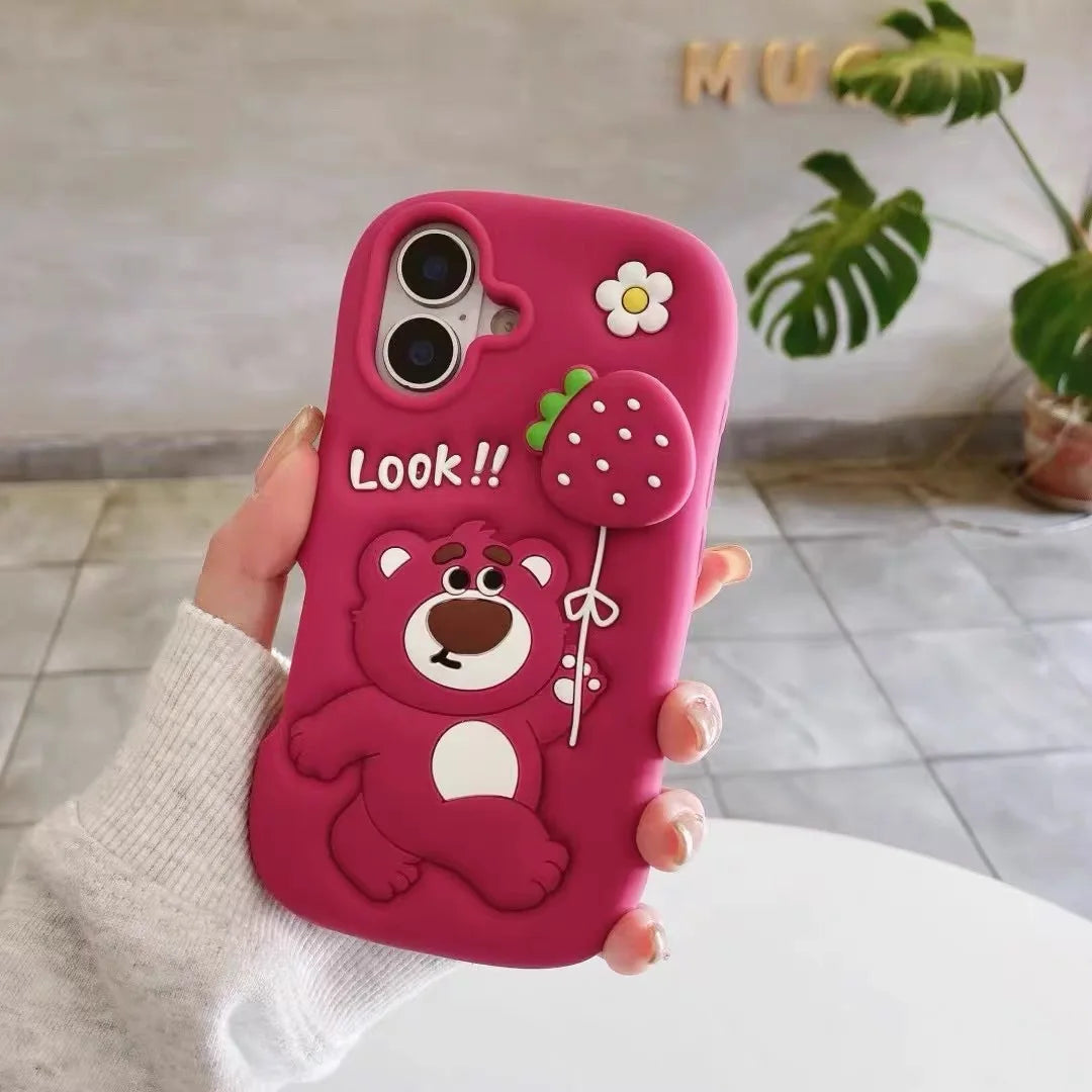 3D Lotso Strawberry Bear Silicone Phone Case with Strawberry Balloon for iPhone 16 15 14 13 12 11 Pro Max Cute Shockproof Cover