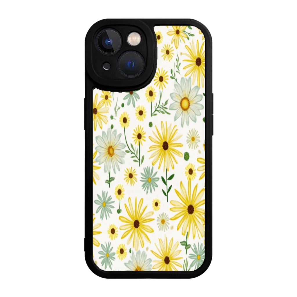 Floral Phone Case Black Yellow And White Daisy Pattern For Iphone X To Iphone 16 Pro Max Outdoor And Daily Use