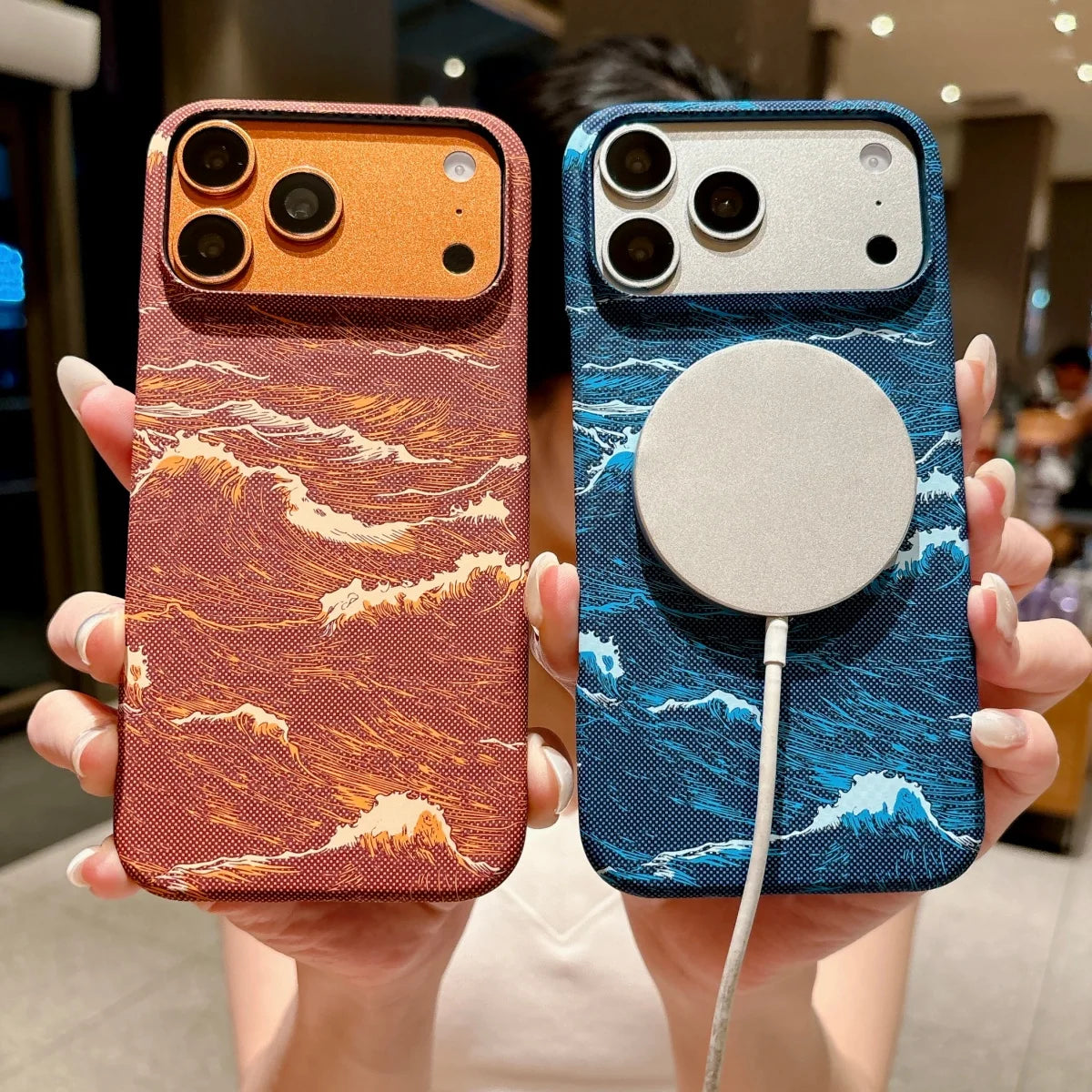 Slim Carbon Fiber Sea Wave Tide Texture Frameless Case For iPhone 17 Air 16 15 14 13 Pro Max For Magsafe Magnetic Charge Cover