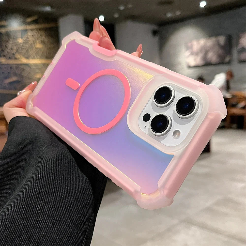 Luxury for Magsafe Laser Dazzling Armor Case For iPhone 16 Pro Max 15 Plus 14 13 Wireless Charging Dual Layer Protection Cover