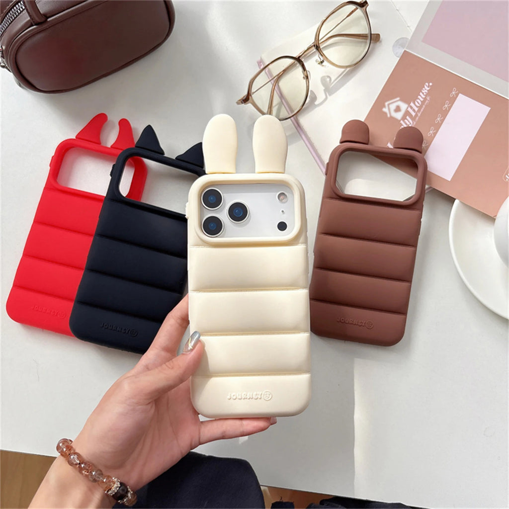 Cute 3D Bear Bunny Ears Down Jacket Texture Solid Color Phone Case for iPhone 17 16 15 14 Pro Max Shockproof Back Cover