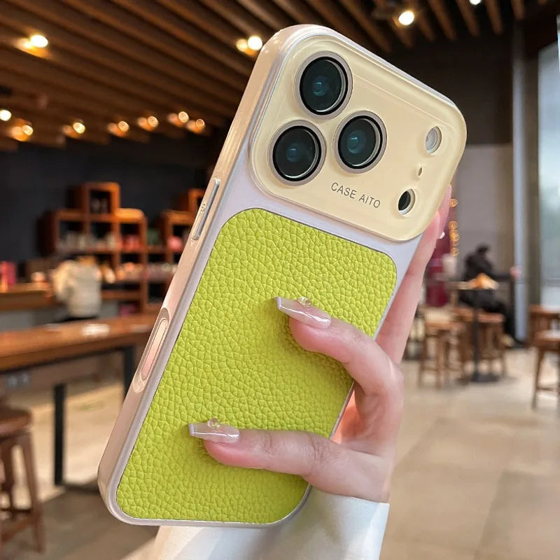 Luxury Litchi Leather Case for iPhone 17 16 15 14 Pro Max iPhone 13 Glass Large Window Shockproof Armor Bumper Plating Cover