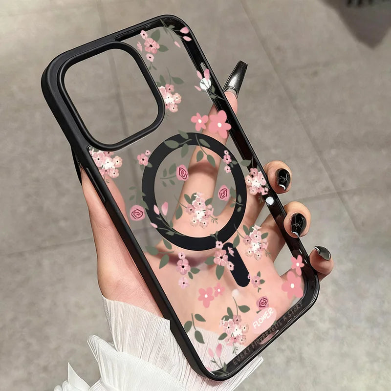 A Floral Ultra-Clear Magnetic Circular Case For iPhone 17 16 Pro Max 15 14 Plus 13 12 11 Air For Magsafe Wireless Charging Cover