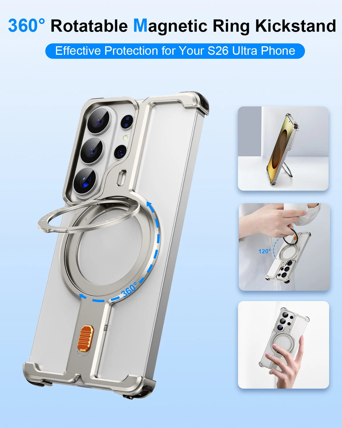 Eary for Samsung Galaxy S26 Ultra Phone Case Metal With 360°Rotating Magnetic Stand Frameless Cover Screen Protection Shockproof