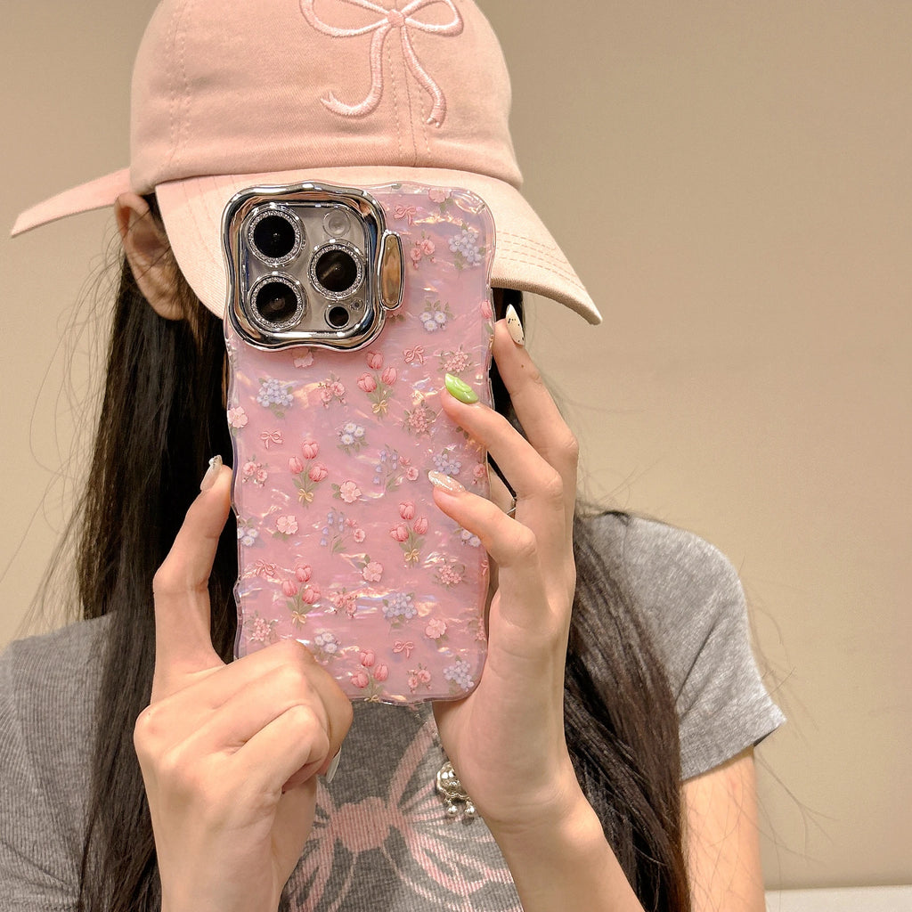 Chic Tulips Pattern Waving Frame Shell Gloss Len Frame Kickstand Phone Case for iPhone 16 15 14 11 12 13 Pro Max Plus Back Cover