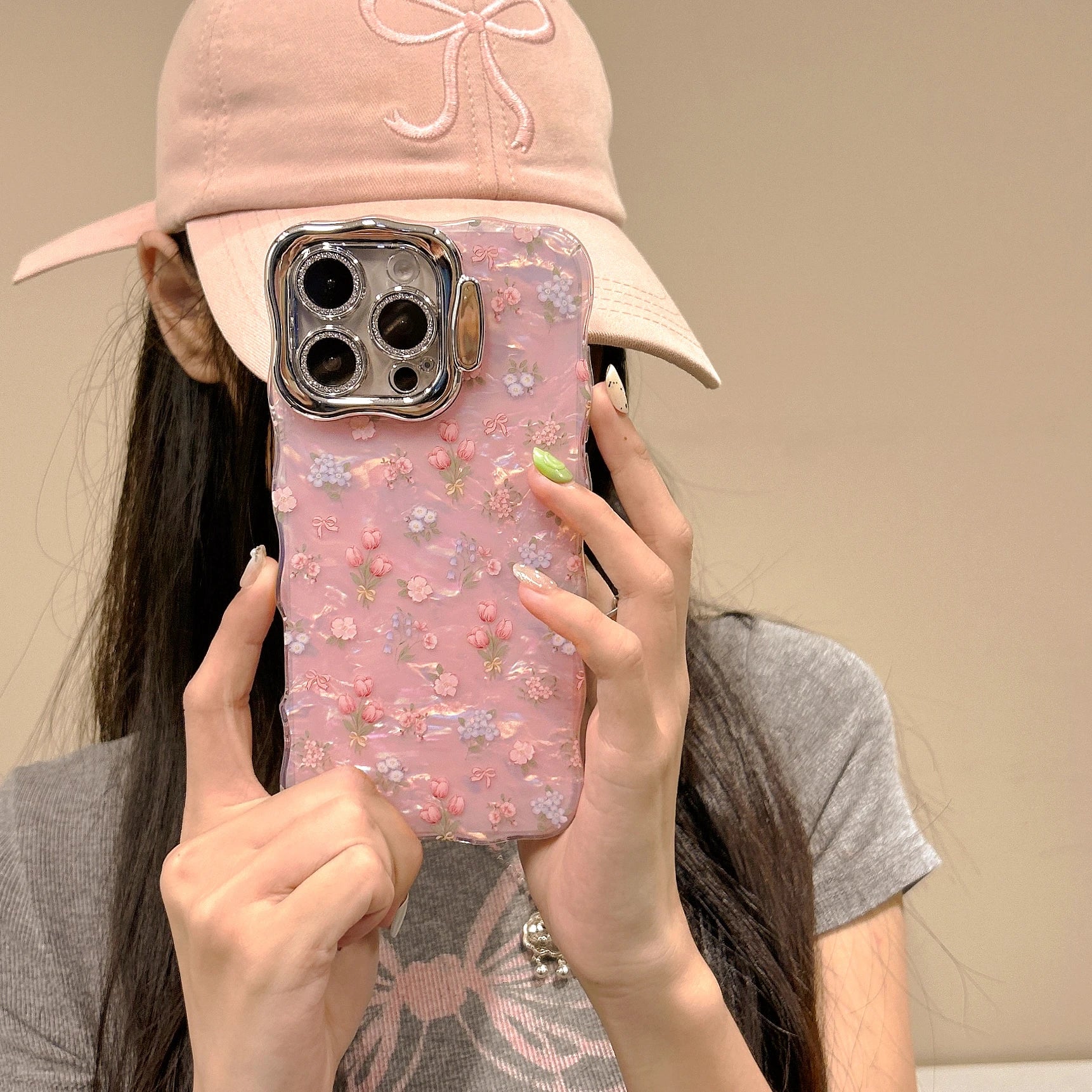 Chic Tulips Pattern Waving Frame Shell Gloss Len Frame Kickstand Phone Case for iPhone 16 15 14 11 12 13 Pro Max Plus Back Cover