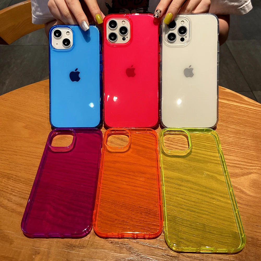 Ins Neon Fluorescent Color Clear Phone Case For iPhone 17 16 15 14 Pro 11 12 13 Pro Max XR XS 8 Plus Soft Shockproof Cover Coque