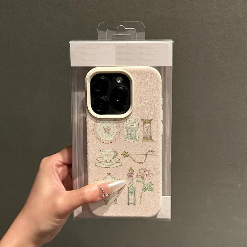 A Pink Teacup Collage Pattern Litchi-Textured Phone Case, Suitable for iPhone 17, 16, 15, Plus, Pro, Max Series Phones—Can Be Used as a Gift