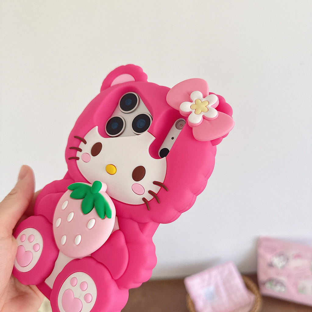 Cute Strawberry For Hello Kitty Phone Case For iPhone 17 16 15 14 13 12 Pro Max Plus Soft Silicone Shockproof Anti Drop Cover