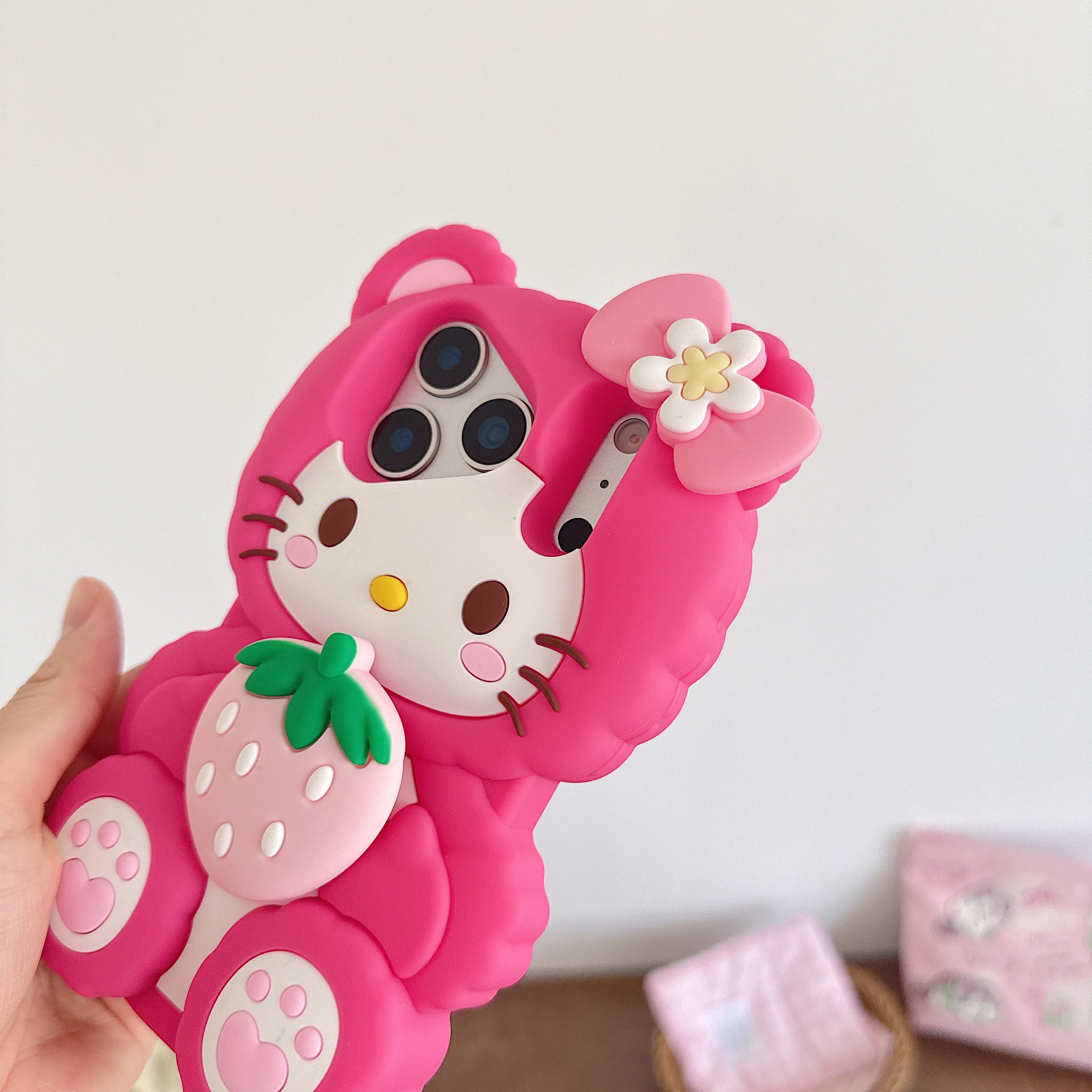 Cute Strawberry For Hello Kitty Phone Case For iPhone 17 16 15 14 13 12 Pro Max Plus Soft Silicone Shockproof Anti Drop Cover