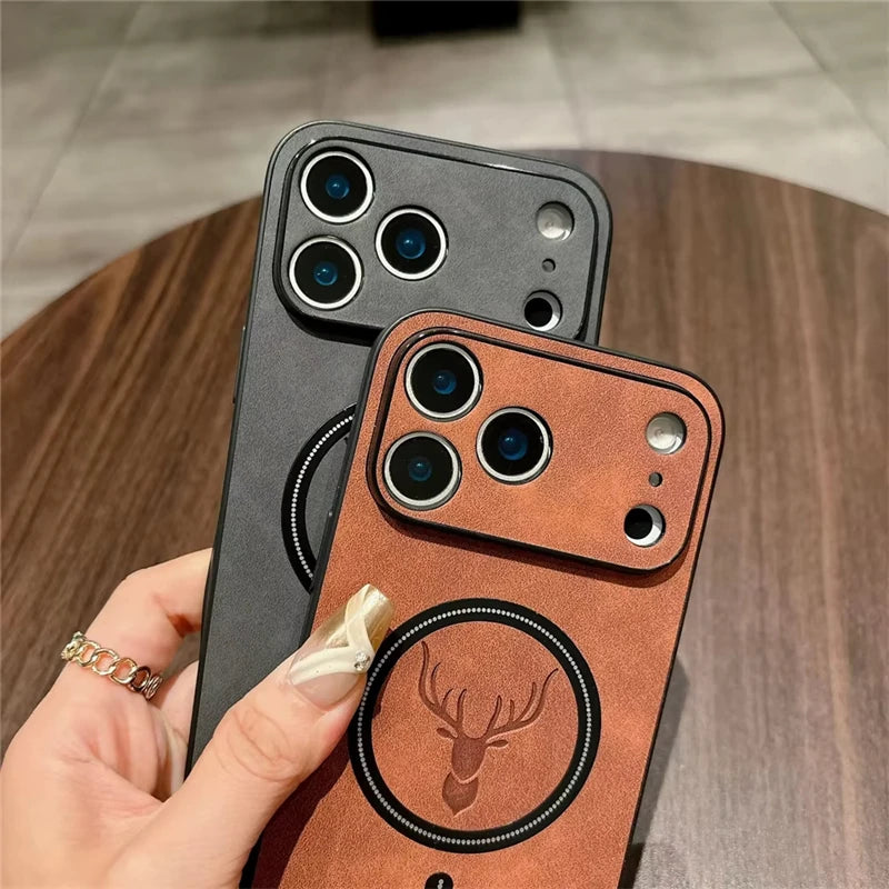 Luxury Deer Head Leather For Magsafe Case For iPhone 17 16 15 14 13 12 11 Pro Max Plus Air Wireless Charging Phone Accessories