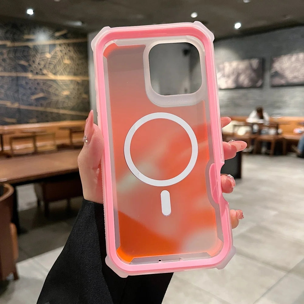 Luxury for Magsafe Laser Dazzling Armor Case For iPhone 17 16 15 14 13 Pro Max Wireless Charging Dual Layer Protection Cover
