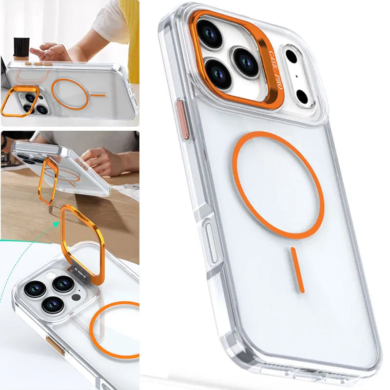 For Magsafe Stand Phone Case for iPhone 17 Pro Max Air 11 12 13 14 15 16 Pro Max Plus Shockproof Transparent Phone Cover Funda
