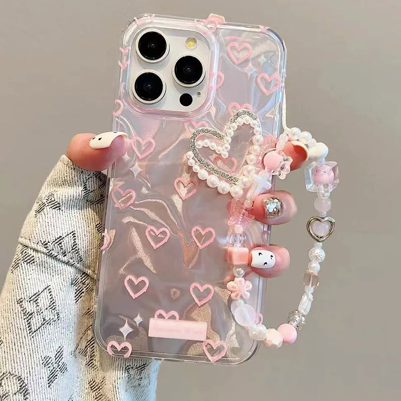 Trendy Pearl Love Heart Case For OPPO Reno 12 FS 12F 13F 13 10 11 Pro 11F 7 4G 6 5 Lite Find X3 Lite Star Chain Girl Phone Cover