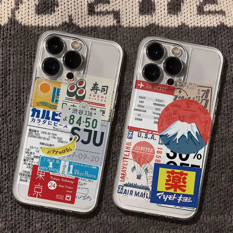 Retro Collage Japanese Style Pattern Phone Case For iPhone 17 16 15 14 13 12 11ProMax XR XSMAX 78PLUS MINI INS Transparent Cover
