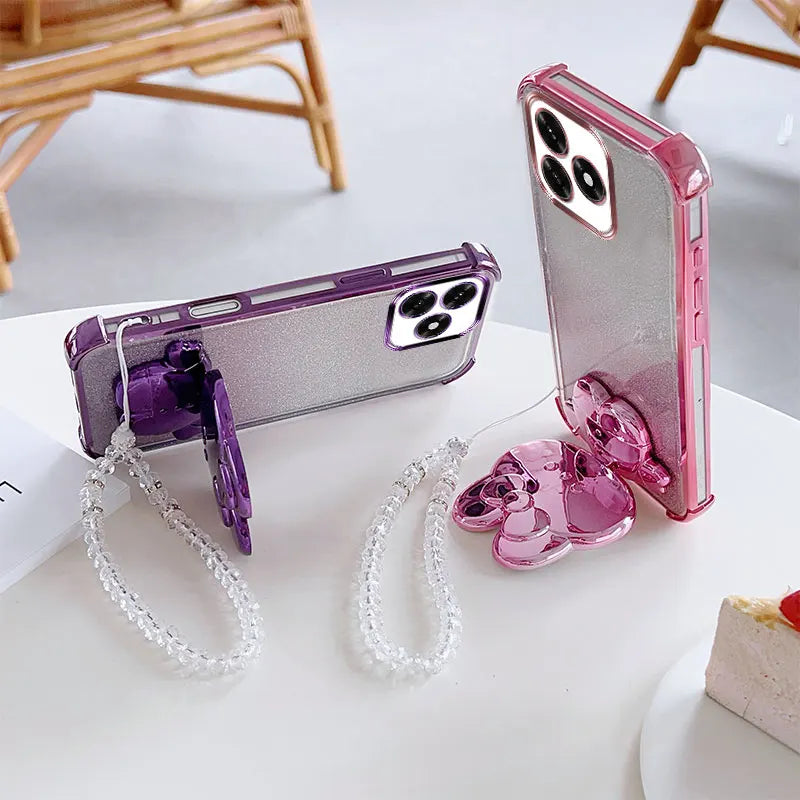 Luxury Shockproof Phone Case with Cute Rabbit Makeup Swivel Stand Crystal Lanyard For Honor X5c Plus X5b X6c X6a X6b Back Cover