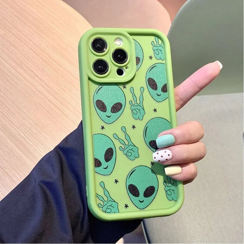 Alien graphic phone case for iPhone 17 Air 16 Pro Max 15 14 13 12 Mini  11 x XR Xs  8 7 plus pro Max mini silicone back cover